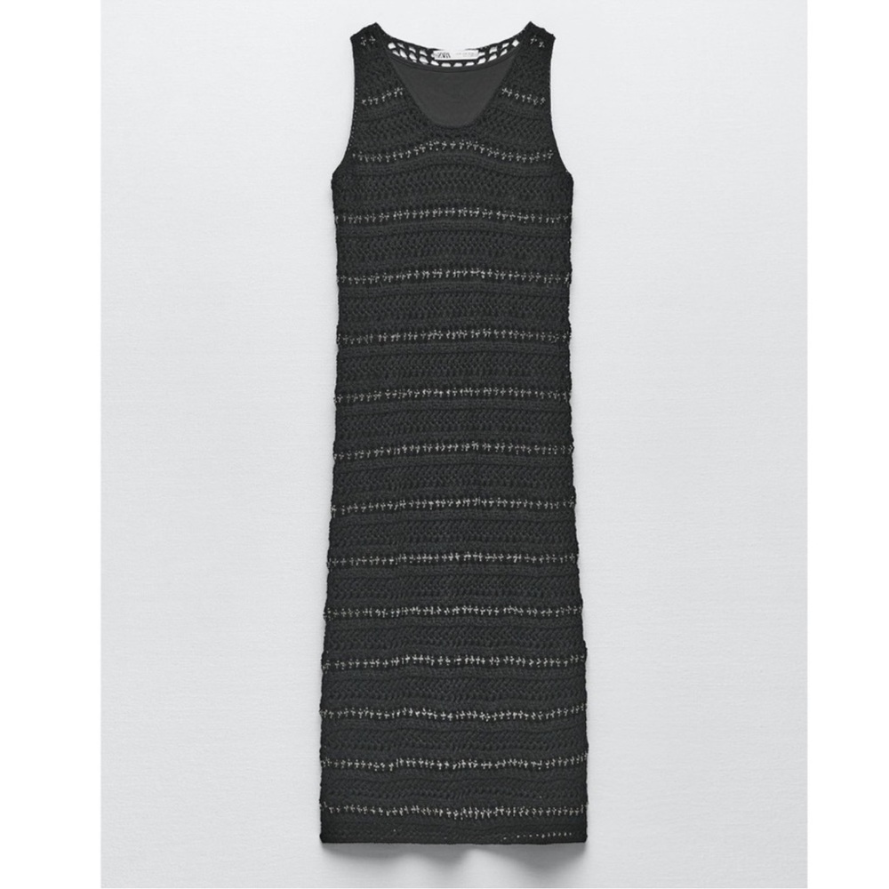 Zara Women’s Crochet Knit Midi‎ Tank Dress Black W/beaded detail NWT Size Small